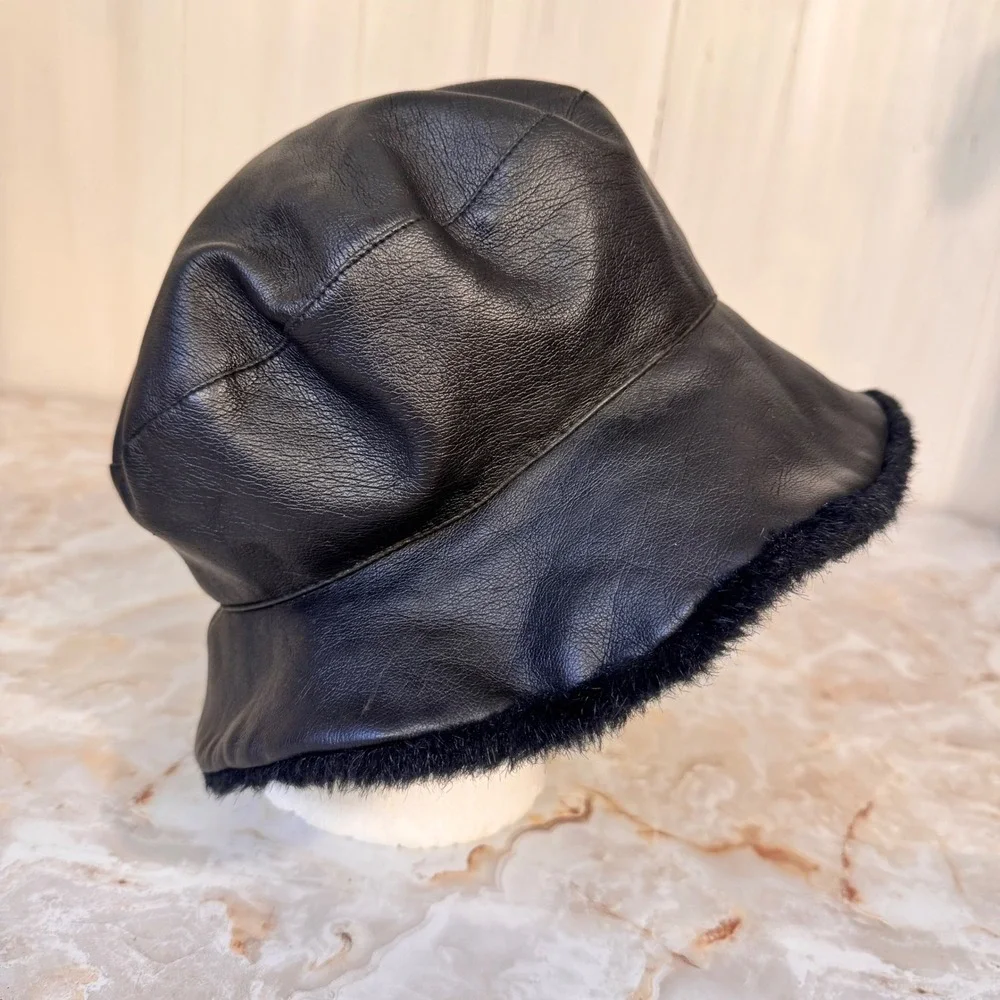 Faux Leather Bucket Hat Women Black Faux Leather and Fur Trim Winter Retro Chic